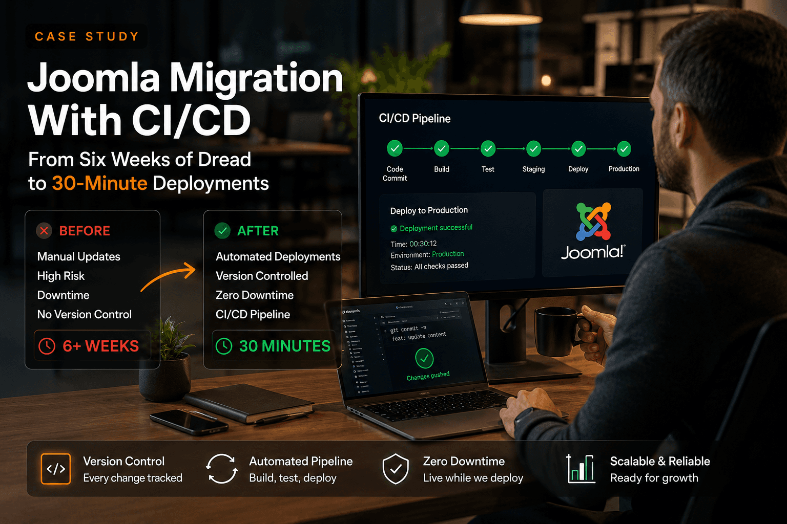 Fallstudie: Joomla-Migration mit CI/CD — von 6 Wochen Angst zu 30 Minuten Deployment