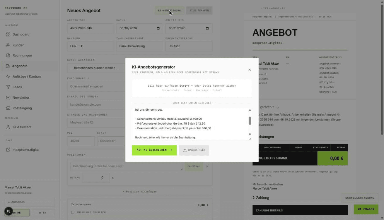 The quotation screen with an input window open. The pasted email lists three items: a switch cabinet conversion for a flat 2,400.00, testing of 48 portable devices at 12.50 each, and documentation for a flat 380.00.