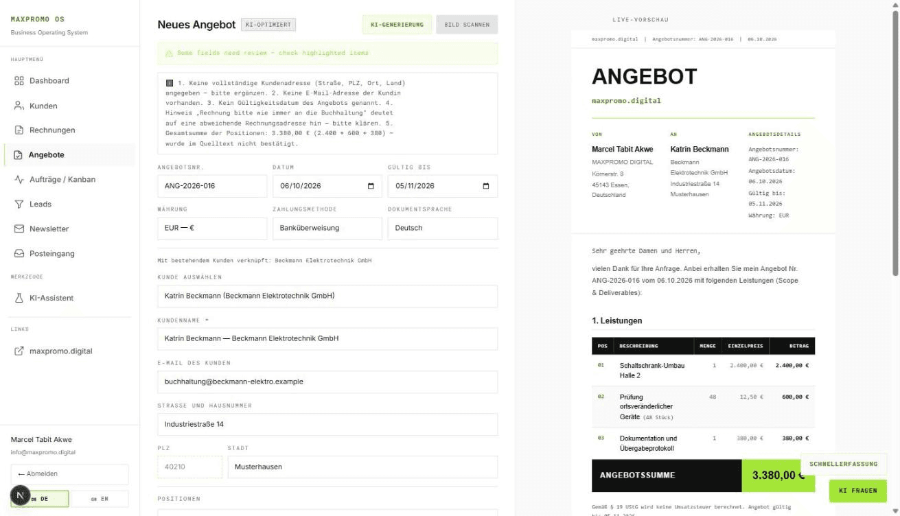 The quotation form after extraction, with a list of review notes at the top, the customer Beckmann Elektrotechnik GmbH filled in, and a live preview showing three positions totalling 3,380.00 euros.