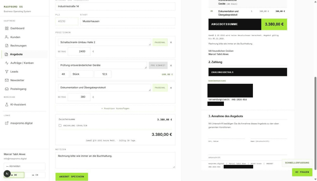 The quotation form scrolled to its positions: 2,400 flat, 48 pieces at 12.50 making 600.00, and 380 flat, with a total of 3,380.00 euros and the button “Angebot speichern” below. Bank details in the preview are covered.