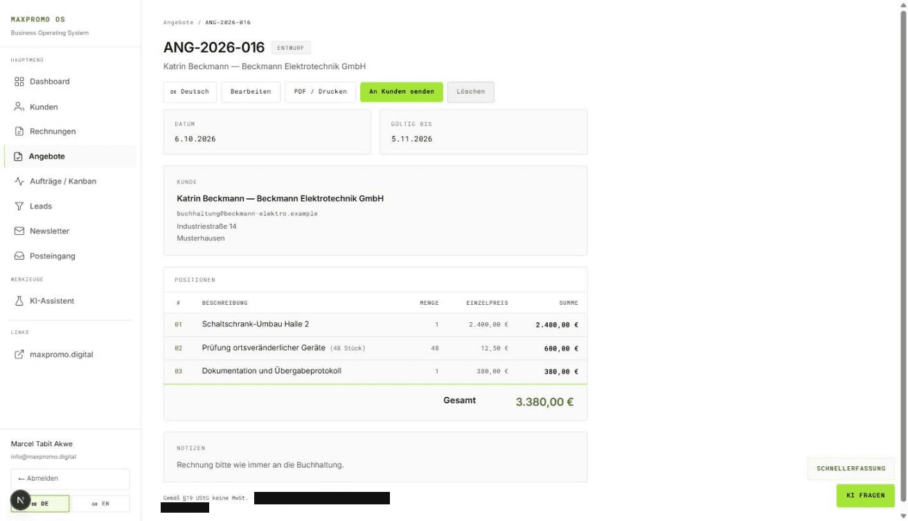 The saved quotation ANG-2026-016 marked as draft, for Beckmann Elektrotechnik GmbH, with three positions and a total of 3,380.00 euros. The tax number in the footer is covered.