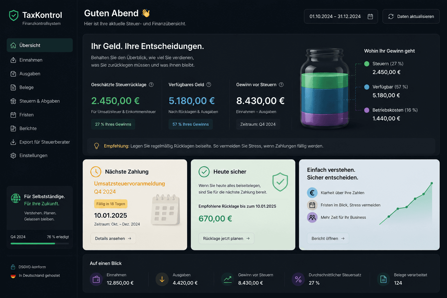 TaxKontrol — Nächste Zahlung: Umsatzsteuervoranmeldung mit Datum und Betrag