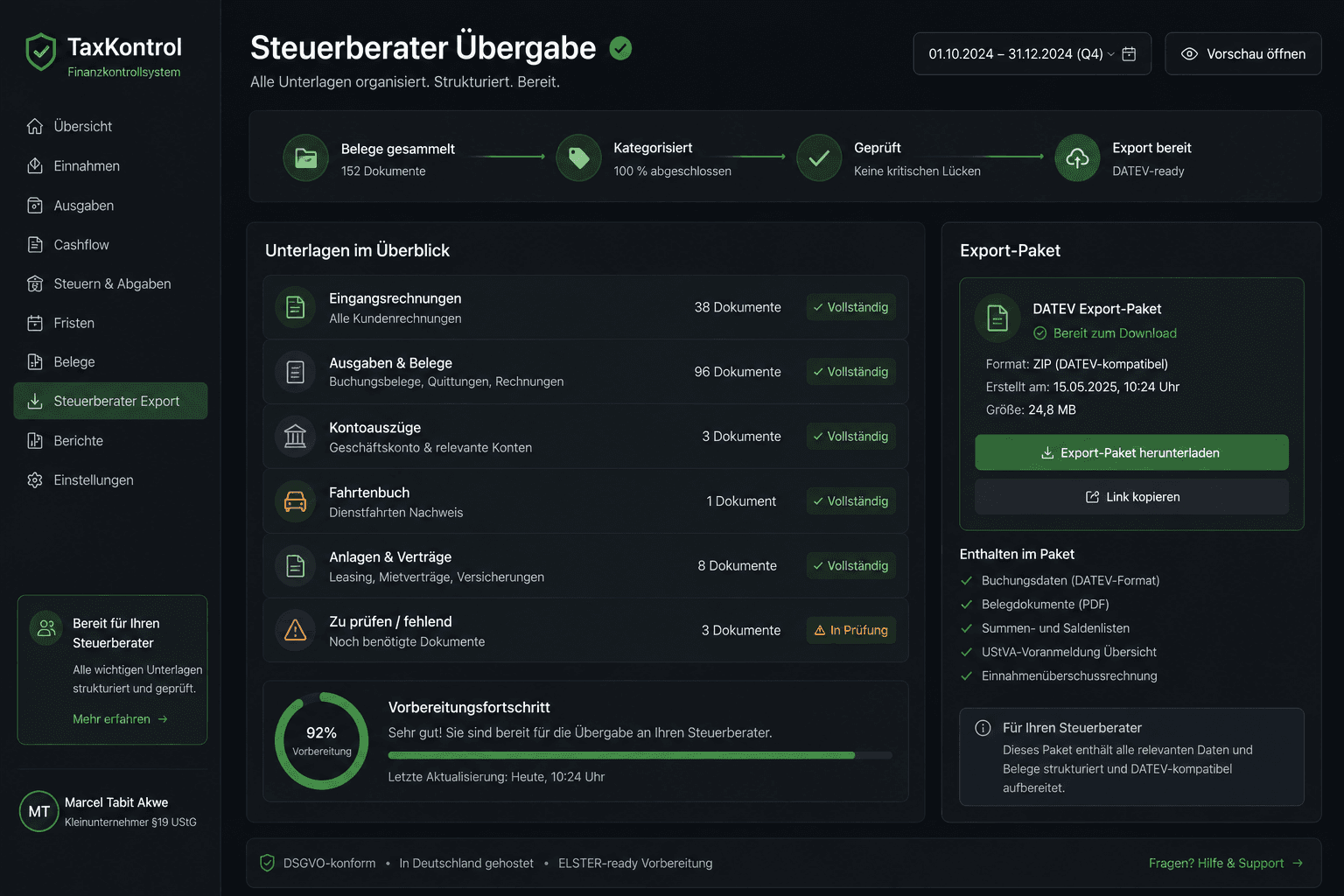 TaxKontrol — Steuerberater-Übergabe: DATEV-Export und Belegpaket bereit